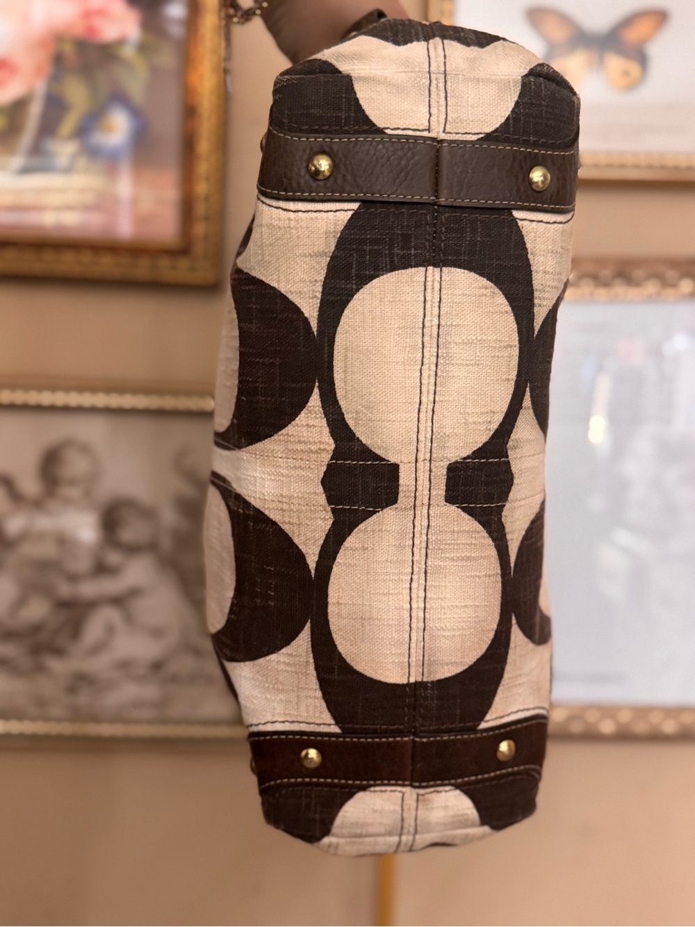 Coach Carly Cream & Brown linen large - Picture 3 of 8